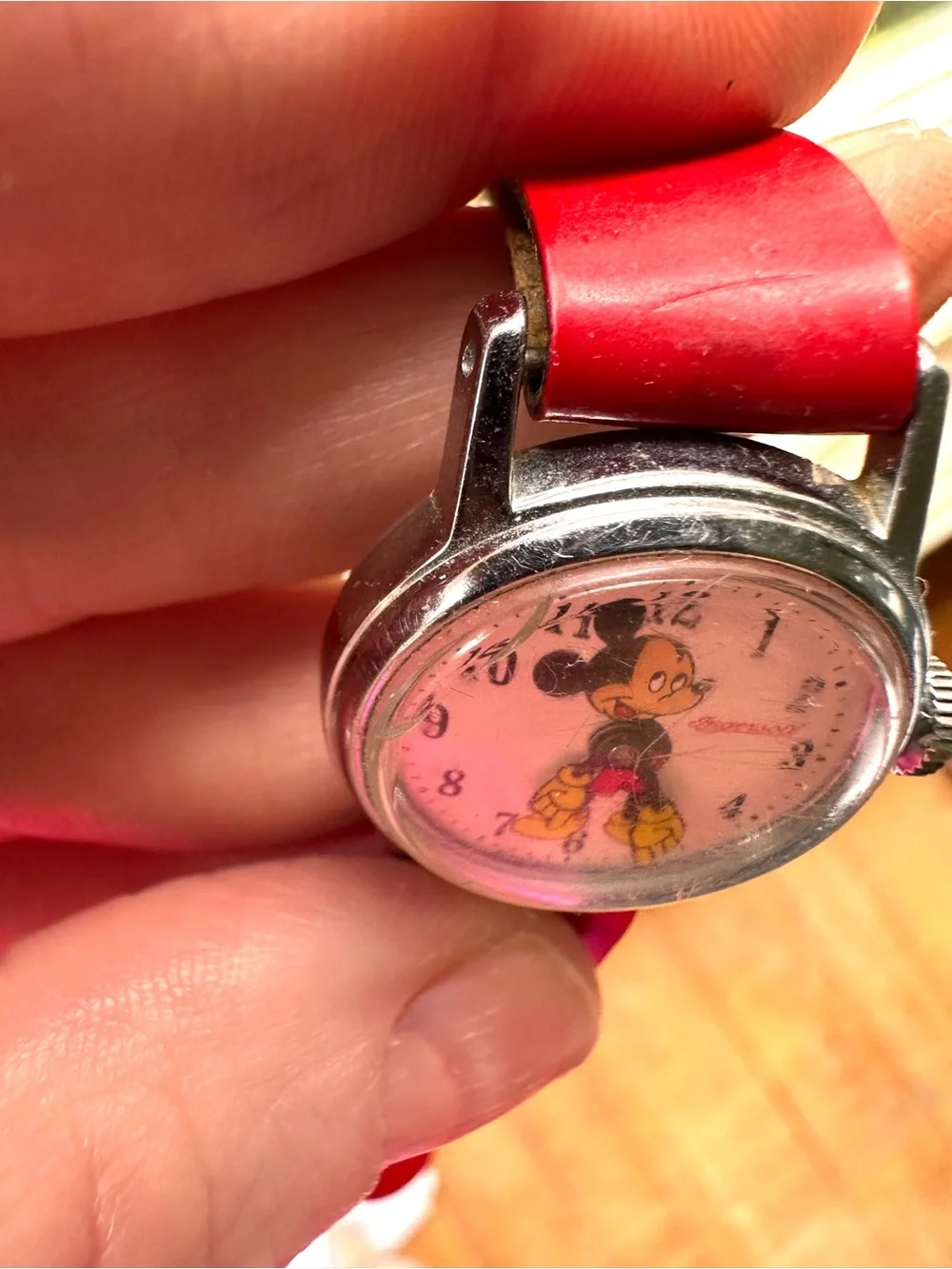 Vintage 1950s Ingersoll Mickey Mouse Hand Wind Kids Watch Disney Red Strap AS IS